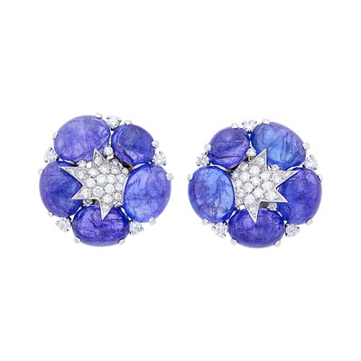 Lot 267 - Verdura Pair of White Gold, Cabochon Tanzanite and Diamond 'Stardust Cluster' Earclips