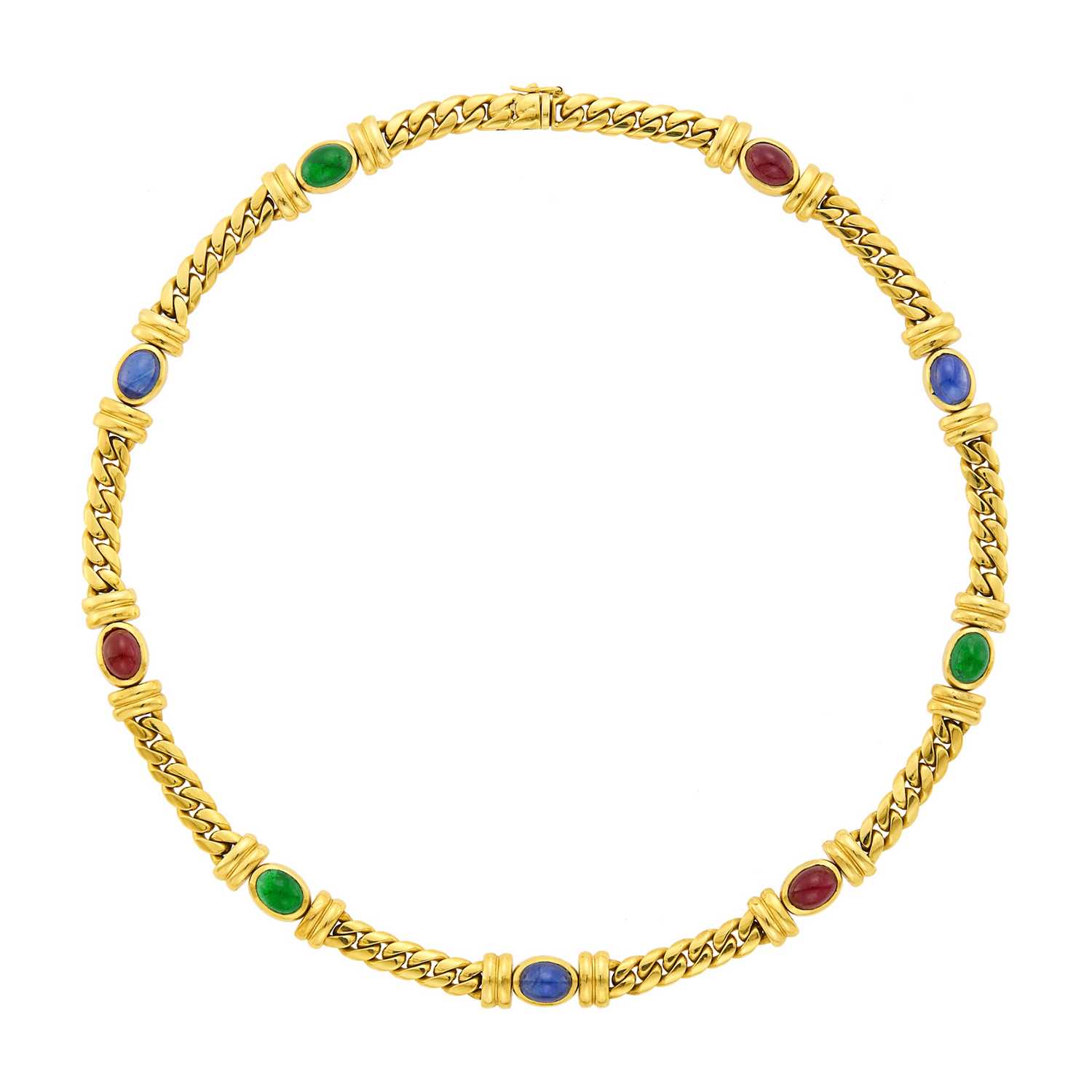 Lot 1061 - Gold and Cabochon Colored Stone Curb Link Necklace