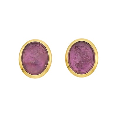 Lot 1084 - Pair of Gold and Pink Glass Intaglio Earclips