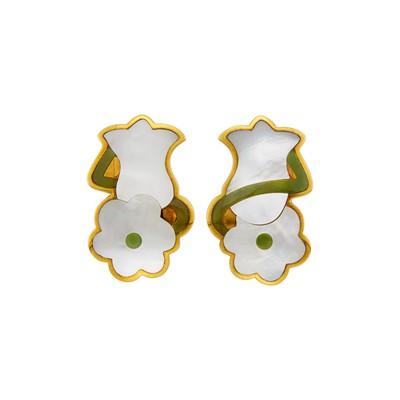 Lot 1166 - Tiffany & Co. Pair of Gold, Mother-of-Pearl and Nephrite Flower Earclips