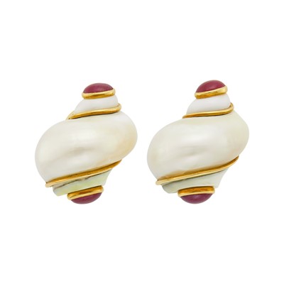 Lot 1082 - Seaman Schepps Pair of Gold, Shell and Cabochon Ruby 'Turbo Shell' Earclips