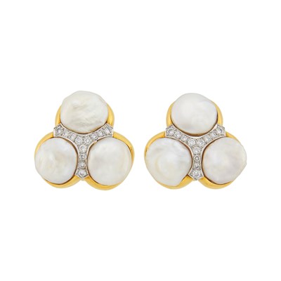 Lot 1129 - Andrew Clunn Pair of Gold, Platinum, Baroque Freshwater Blister Pearl and Diamond Earclips