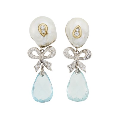 Lot 1214 - Pair of Two-Color Gold, Baroque Cultured Pearl, Diamond and Aquamarine Briolette Pendant-Earclips