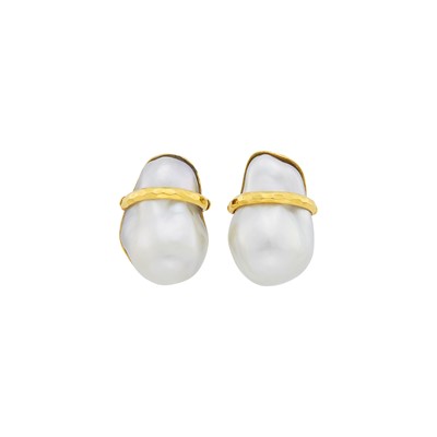 Lot 1151 - Andrew Clunn Pair of Gold and Baroque Cultured Pearl Earclips
