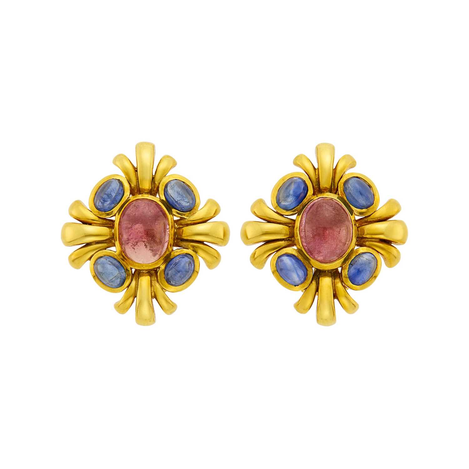Lot 1110 - Pair of Gold, Cabochon Pink Tourmaline and Sapphire Earclips