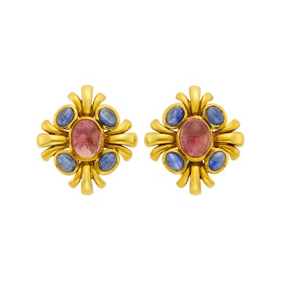 Lot 1110 - Pair of Gold, Cabochon Pink Tourmaline and Sapphire Earclips