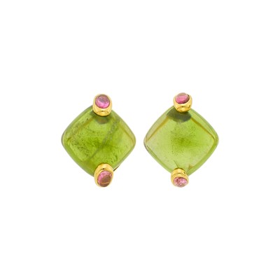 Lot 1106 - Pair of Gold, Cabochon Peridot and Pink Tourmaline Earclips