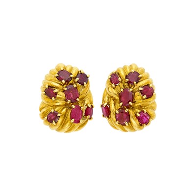 Lot 89 - David Webb Pair of Hammered Gold and Ruby Earclips