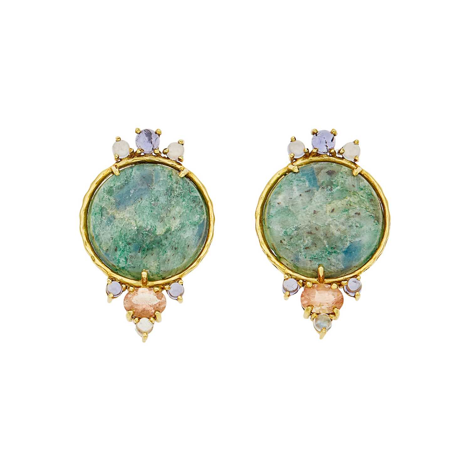 Lot 1076 - Attributed to Daria de Koning Pair of Gold, Fuchsite and Colored Stone Earclips