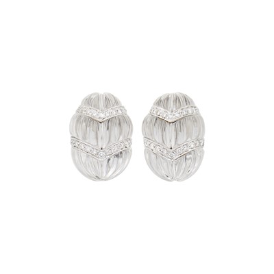 Lot 1049 - Pair of White Gold, Carved Rock Crystal and Diamond Earclips