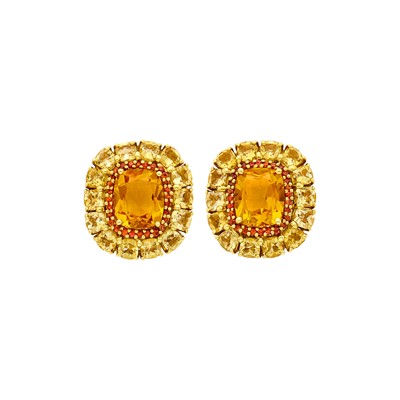 Lot 201 - Seaman Schepps Pair of Gold, Multicolored Citrine and Orange Sapphire Earclips