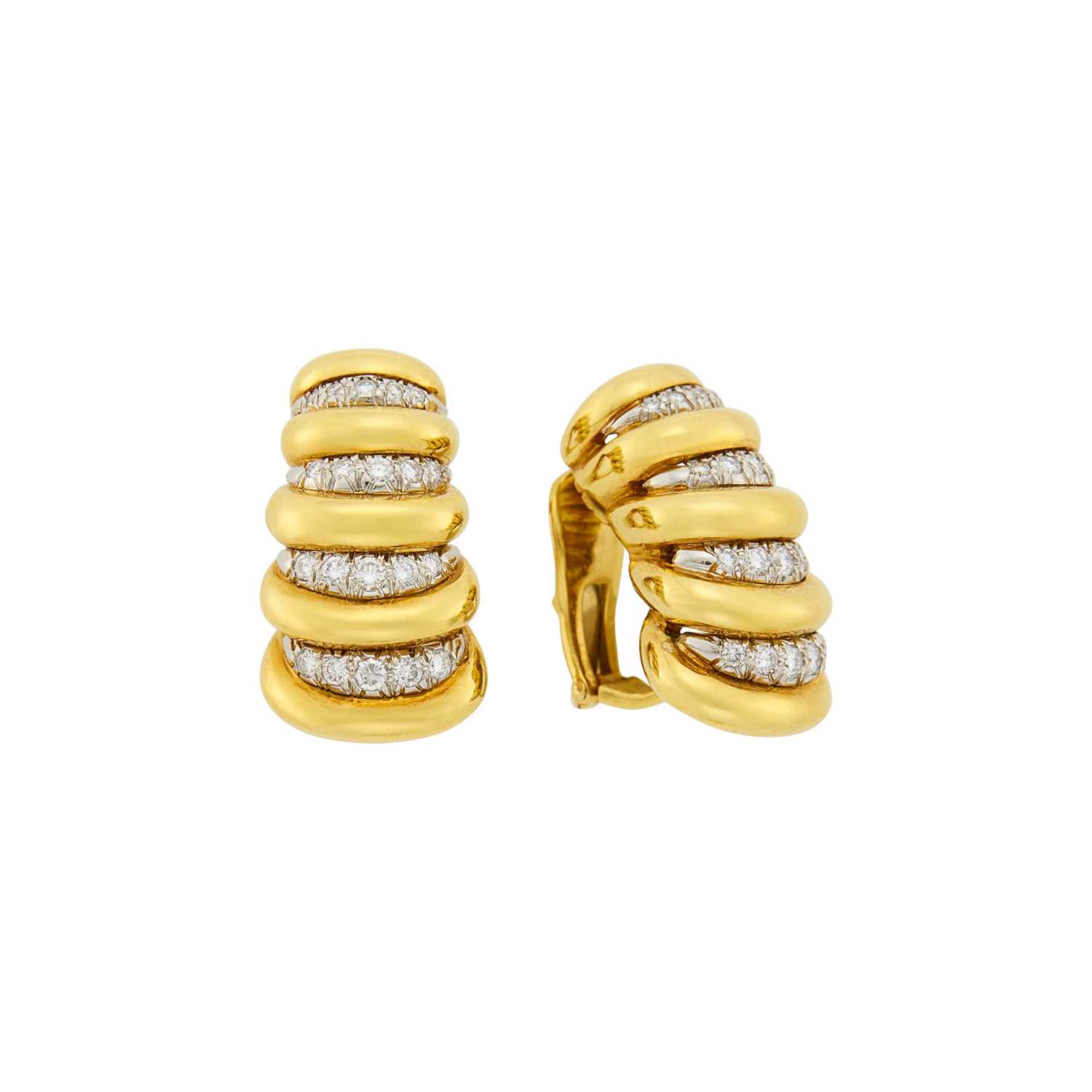 Lot 1186 - Andrew Clunn Pair of Gold, Platinum, Gold and Diamond Shrimp Earclips