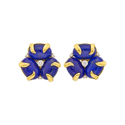 Lot 1189 - Pair of Gold, Lapis and Diamond Flower Earclips