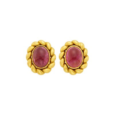 Lot 1177 - Pair of Gold and Cabochon Pink Tourmaline Earclips