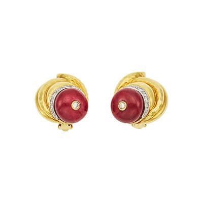 Lot 1197 - Andrew Clunn Pair of Hammered Gold, Platinum, Ruby Bead and Diamond Earclips