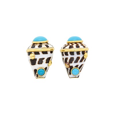 Lot 1001 - Maz Pair of Gold, Shell and Turquoise Earclips