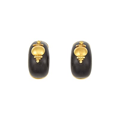 Lot 1086 - Pair of Gold and Wood Hoop Earclips