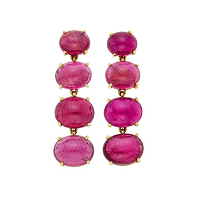 Lot 230 - Andrew Clunn Pair of Gold and Cabochon Rubellite Pendant-Earclips