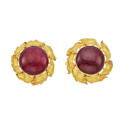 Lot 1078 - Pair of High Karat Gold and Cabochon Ruby Earclips