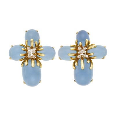 Lot 1123 - Pair of Gold, Cabochon Aquamarine and Diamond Flower Earclips