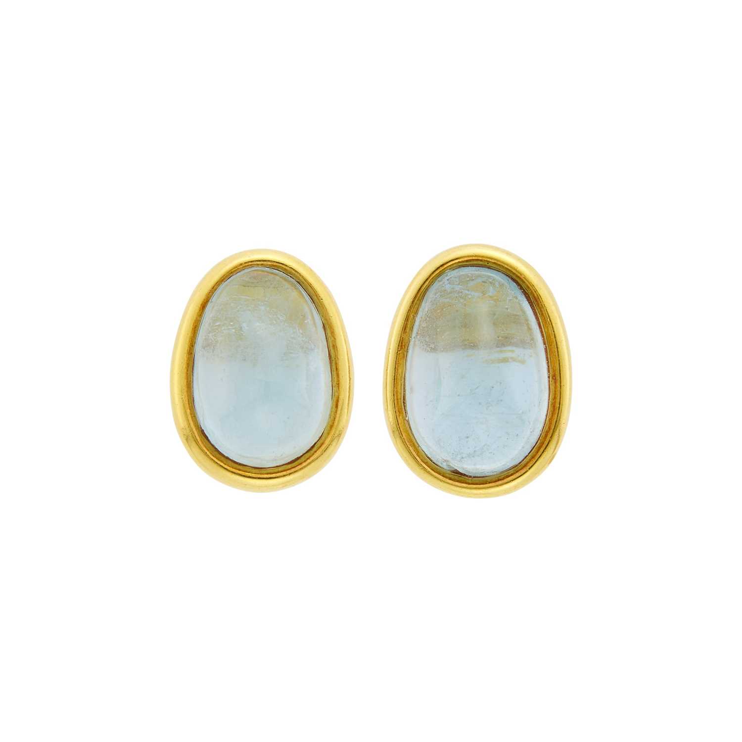 Lot 1172 - Andrew Clunn Pair of Gold and Cabochon Aquamarine Earclips