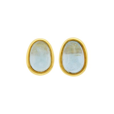 Lot 1172 - Andrew Clunn Pair of Gold and Cabochon Aquamarine Earclips