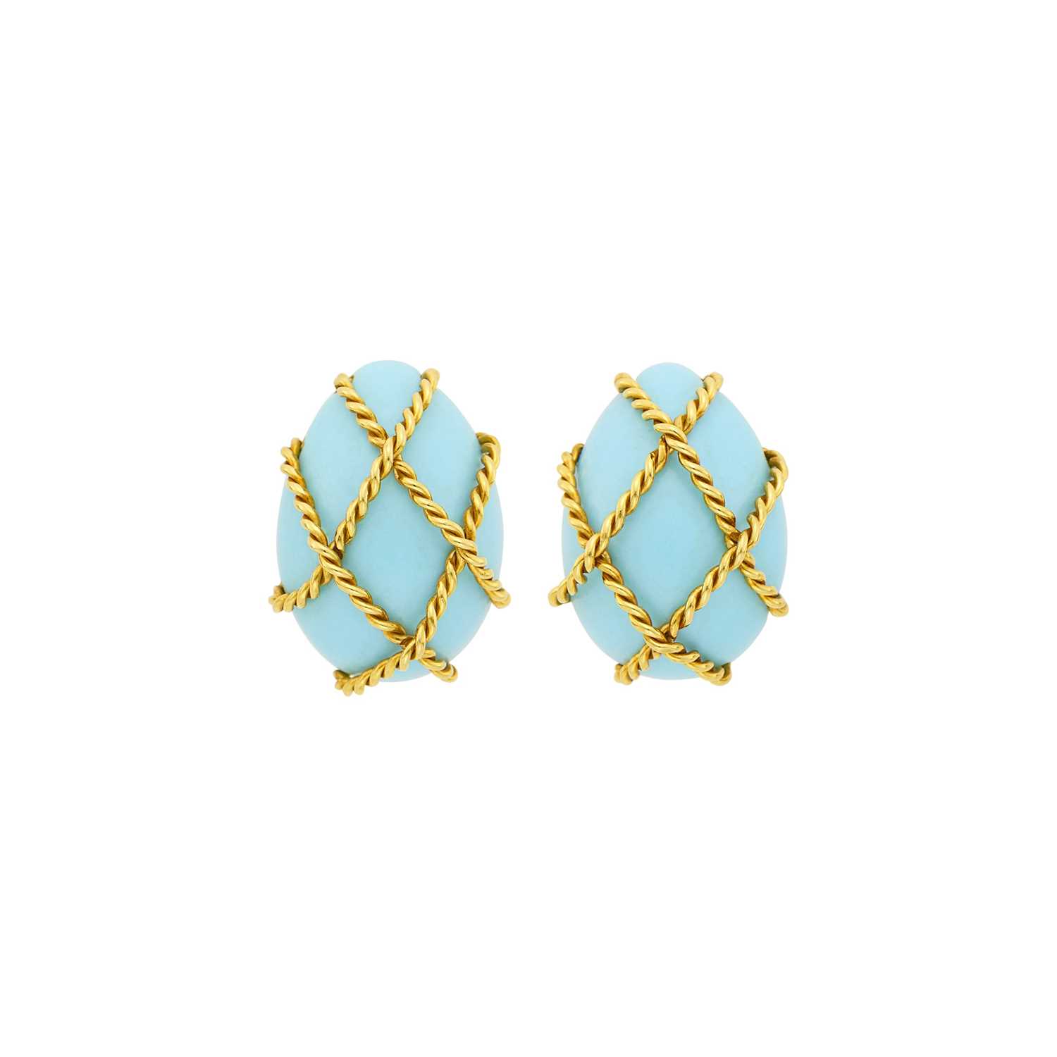 Lot 1013 - Seaman Schepps Pair of Gold and Turquoise Earclips