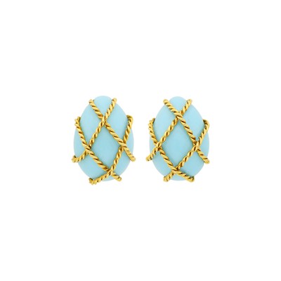Lot 1013 - Seaman Schepps Pair of Gold and Turquoise Earclips