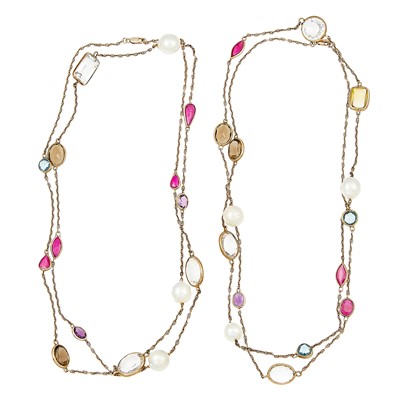 Lot 1303 - Two Long Silver-Gilt, Baroque Cultured Pearl, Smoky and Colorless Quartz, Ruby and Blue Zircon Necklace