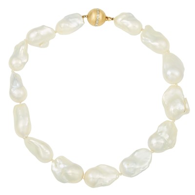 Lot 1314 - Gold, Baroque Cultured Pearl and Diamond Necklace