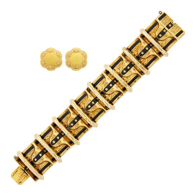Lot 1071 - Antique Gold and Black Enamel Bracelet and Pair of Variegated Gold Earclips