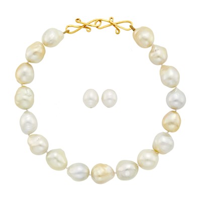 Lot 1083 - South Sea and Golden Baroque Cultured Pearl Necklace, Attributed to Maja DuBrul, and Pair of Earclips