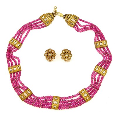 Lot 1075 - Four Strand Indian Gold, Ruby and Foil-Backed Diamond Bead Necklace and Pair of Earclips