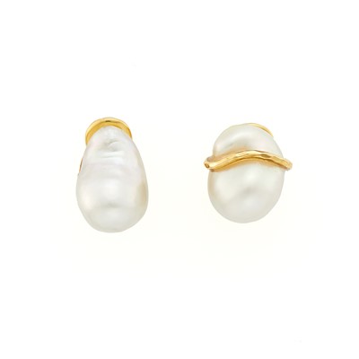Lot 2201 - Andrew Clunn Pair of Hammered Gold and Baroque Cultured Pearl Earclips