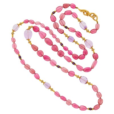 Lot 231 - Verdura Long Gold, Tumbled Pink Tourmaline and Amethyst Bead, Ruby and Cultured Pearl Necklace