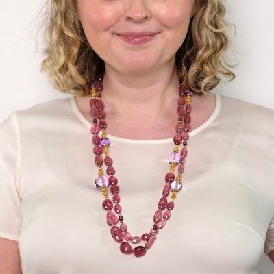 Lot 231 - Verdura Long Gold, Tumbled Pink Tourmaline and Amethyst Bead, Ruby and Cultured Pearl Necklace