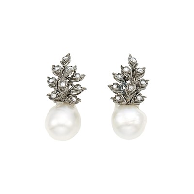 Lot 1166 - Pair of Blackened White Gold, Baroque Cultured Pearl and Diamond  Earclips