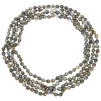 Lot 1231 - Long Gray and Black Baroque Cultured Pearl Necklace with White Gold and Black Diamond Bead Clasp
