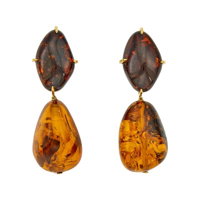 Lot 1220 - Maja Dubrul Pair of Gold and Amber Pendant-Earclips