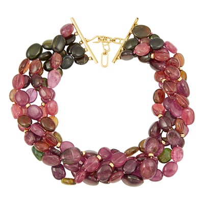 Lot 1308 - Five Strand Tumbled Green and Pink Tourmaline Bead Necklace with Gold Clasp