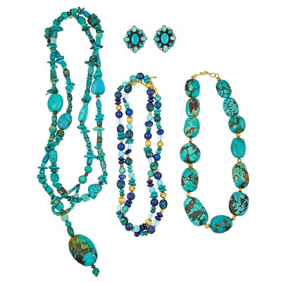 Lot 1059 - Three Turquoise and Hardstone Bead Necklaces and Pair of Earclips