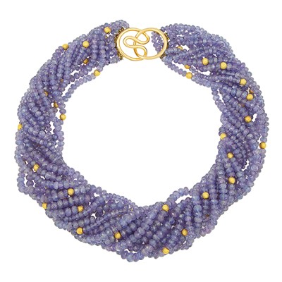 Lot 1242 - Twelve Strand Tanzanite and Gold Bead Torsade Necklace with Gold Clasp