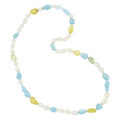 Lot 1023 - Long Baroque Cultured Pearl, Tumbled Aquamarine and Fluorite Bead, White Gold and Diamond Necklace