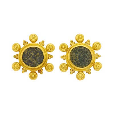 Lot 1095 - Pair of High Karat Gold and Ancient Bronze Coin Earclips
