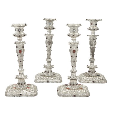 Lot 172 - Set of Four Silver Plated Glass and Colored Stone Set Candlesticks