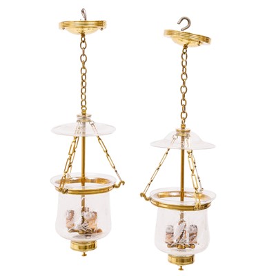 Lot 233 - Pair of Brass and Glass Three Light Lanterns