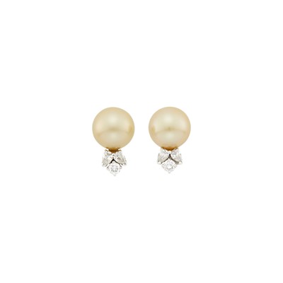 Lot 1124 - Pair of White Gold, Golden Cultured Pearl and Diamond Earclips