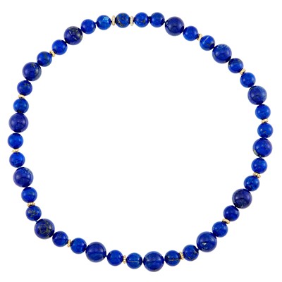Lot 2137 - Lapis Bead and Gold and Diamond Necklace