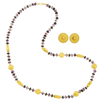 Lot 2152 - Gold, Amethyst and Black Onyx Bead Necklace and Pair of Earclips