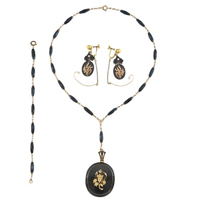 Lot 2047 - Gold, Black Onyx, Enamel and Split Pearl Mourning Pendant-Necklace, Bracelet and Pair of Earclips